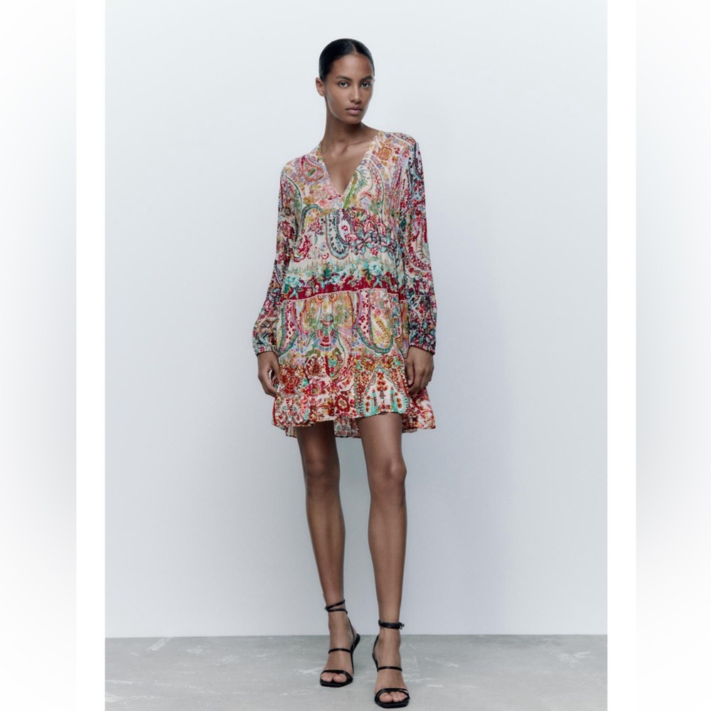 Zara printed tiered paisley dress medium